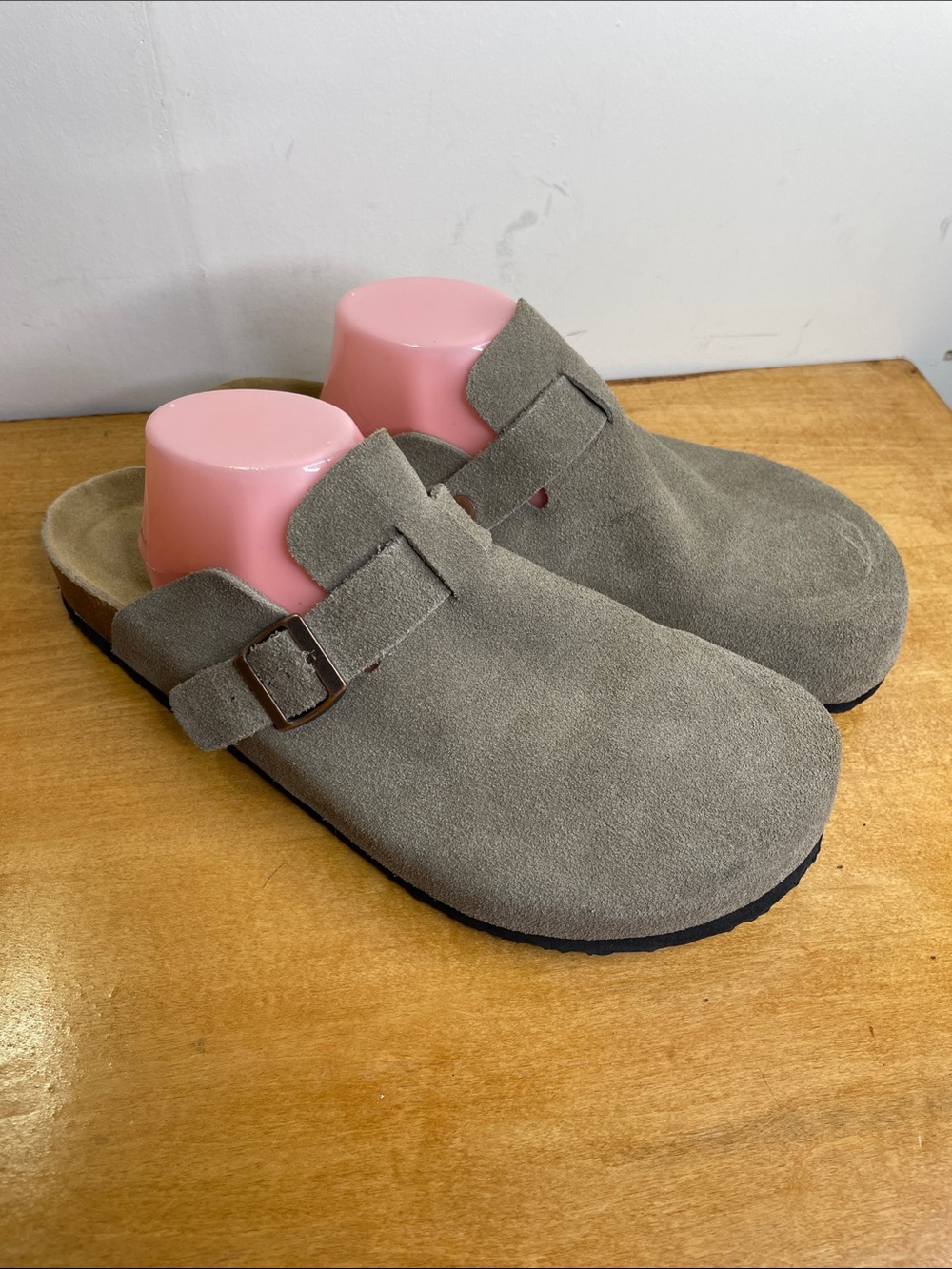 Men's Project Cloud Suede Slip-On Clog with Buckle in Taupe. Size 11.5